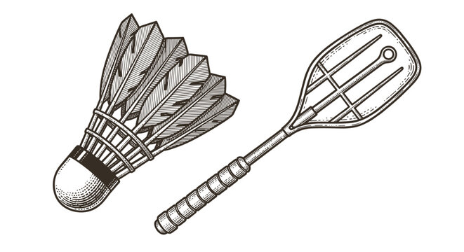 Vintage illustration of a badminton shuttlecock and racket in a sketch style