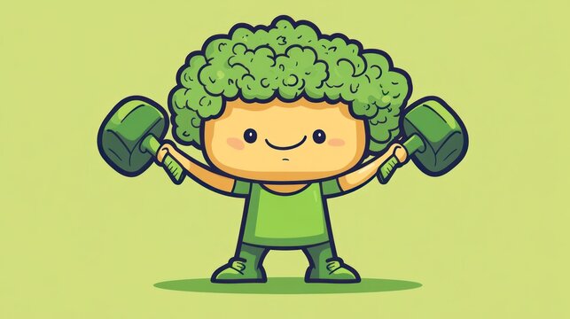 Cartoon character lifting weights, cheerful expression