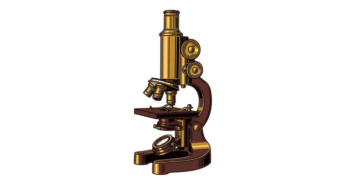 Antique brass microscope with wooden base on white background scientific research and discovery