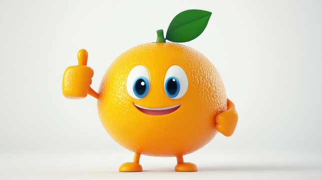 Cartoon orange gives thumbs up, happy fruit, 3d render, fruit emoji, positive feedback