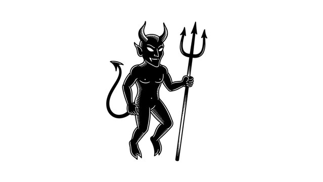 Silhouette of a devil with horns tail and trident on white background