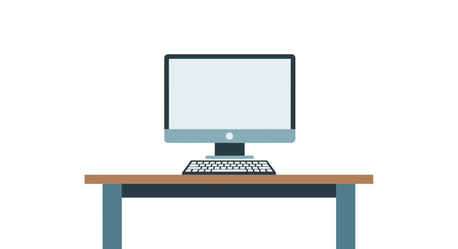 Modern computer setup on a wooden desk with a blank screen and keyboard