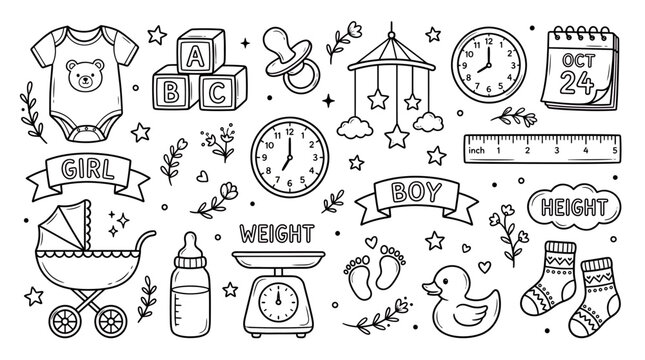 Baby shower and birth announcement doodle icons set featuring hand drawn stroller, bodysuit, blocks and nursery elements, representing newborn celebration, illustrating nursery scrapbooking