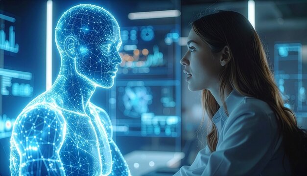 Female scientist interacting with a futuristic blue hologram human AI avatar in a high tech laboratory