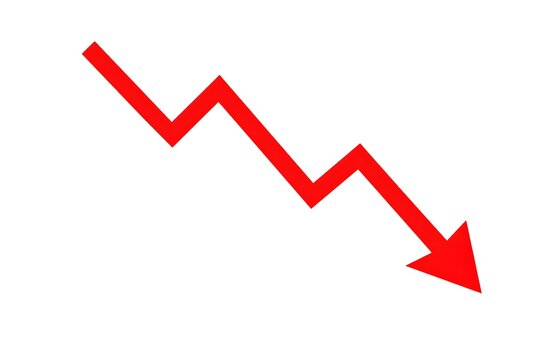 Red descending arrow graph on a white background representing financial loss, economic recession, stock market crash, and declining business trends in a minimalist flat design.