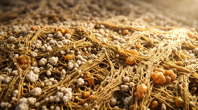 Microscopic root fiber with white and orange nodule cluster on soil surface texture