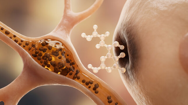 Neuron with dark vesicle cluster and floating molecular model near synapse junction