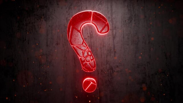 Question mark glows red. Frequently asked questions. Concept of help. Why? What for? How to get there? How to find it? How does it work? How is it arranged? Question mark rotates.