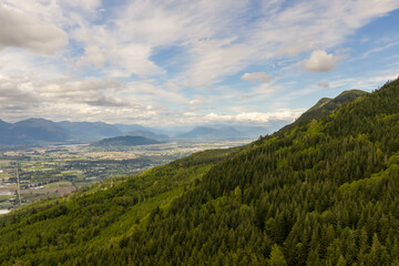 Fototapeta premium Scenic Mountain Valley and Lush Forest Overlooking Chilliwack British Columbia Countryside Under Blue Sky