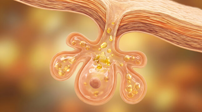 Cross section of biological duct with golden particle release from inner vesicle