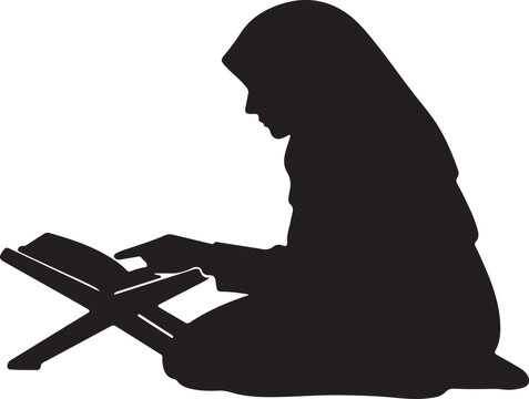 Islamic religious silhouette, Muslim people praying, women reading the Quran, the Muslim family eating together, and Muslim working women in a laptop and kitchen