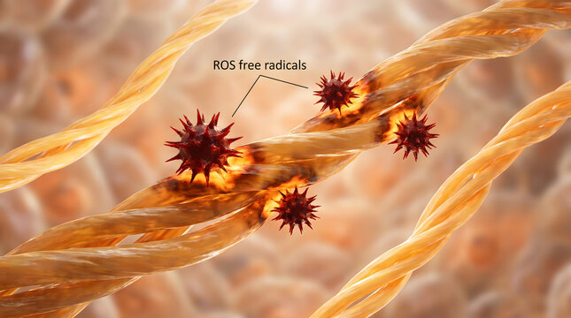 ROS free radical molecule attacking collagen fiber in tissue oxidative damage