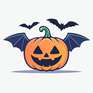 Halloween Pumpkin with Bat Wings and Flying Bats