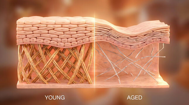Young and aged skin comparison showing collagen fiber network difference in dermis