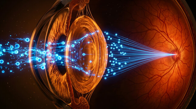 Human eye cross section showing light entering lens focused onto retina surface