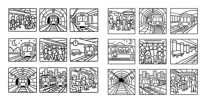 Urban subway and transportation vector icons with trains, stations and passengers for infographic design in outline style