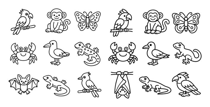 Wildlife and tropical vector icons with parrot, monkey and butterfly for educational presentation design in outline style