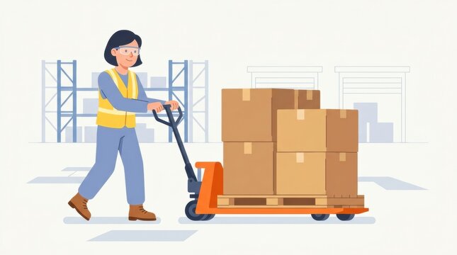 A worker pushes a pallet jack loaded with cardboard boxes in a warehouse. The scene shows shelving and other storage areas in the background.
