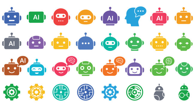 Colorful robot head and artificial intelligence flat icon collection for tech applications
