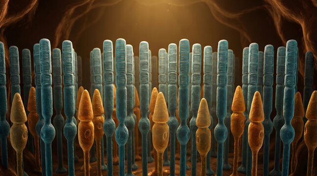 Row of intestinal villus with blue and orange cell structure inside warm cave interior