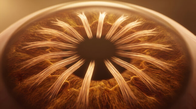 Macro human eye iris with radial golden fiber strand pattern and dark pupil center glow