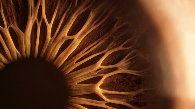 Macro view of eye iris with dark brown fibrous radial pattern and glowing warm edge light