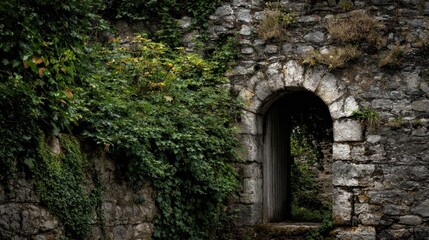 Fototapeta premium Ivy-Covered Stone Arch Entrance in Weathered Wall