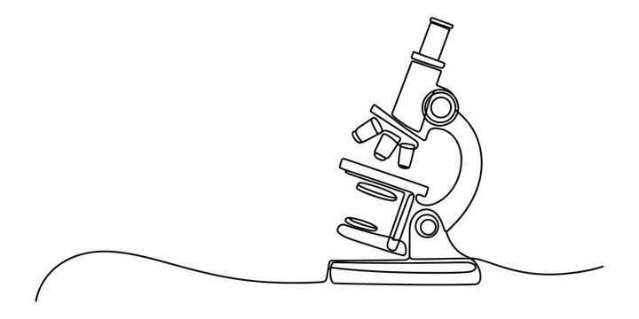 Continuous single line drawing of a scientific microscope used for biology research and laboratory experiments in a simple minimalist art style Vector, illustration