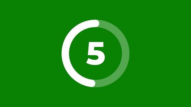 Chroma key green screen backward countdown timer loop from 10 to 1 seconds with circular loading indicator graphics overlay for clean video intro transitions.