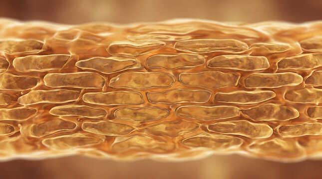 Close view of muscle fiber tissue bundle with layered cell wall and golden tone