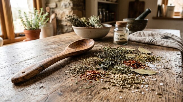 An inviting rustic culinary setup featuring a wooden spoon alongside carefully selected dried herbs and spices, arranged on a textured wooden table for mindful cooking