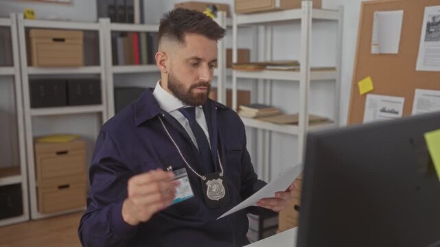 Man police detective wearing badge and id lanyard reads papers at a desk with computer and shelves in an office building; focused duty.