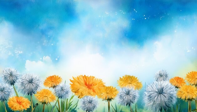watercolor dandelion flowers with blue sky background with empty space for text