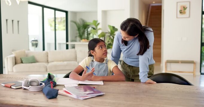 Home, writing and mom with child with homework for learning, studying and ask for help. Family, parenting and mother talking to girl with notebook for knowledge, development and education by table