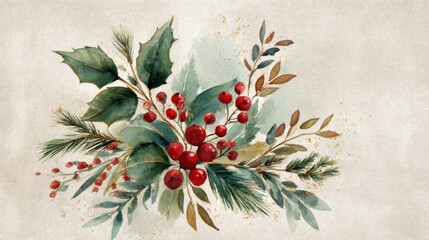 Obraz premium Holiday botanicals: holly leaves, red berries and pine sprigs in watercolor