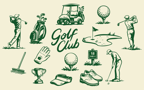 Golf Club Illustration Set with Golfers, Cart, Bag, Ball, Course Flag and Sports Equipment