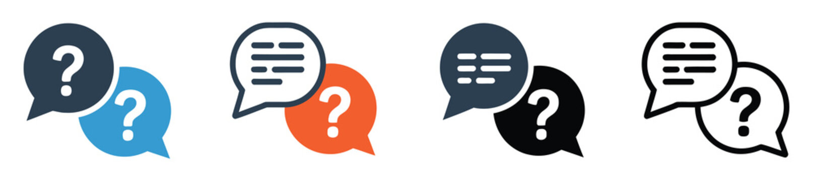 Question icon set featuring inquiry and help symbols for customer support, FAQ sections, information systems, and modern user interface design.