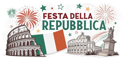 Italy Republic Day banner with flag landmarks and festive decorations