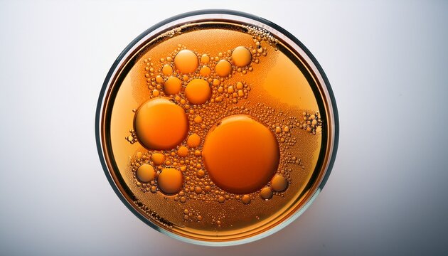 petri dish holding an orange liquid with various sized bubbles illustrating microbiology biology and chemistry white background