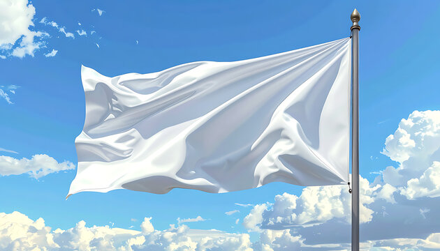 White flag waving on a flagpole against a blue sky with clouds, symbolizing surrender or a blank canvas for design