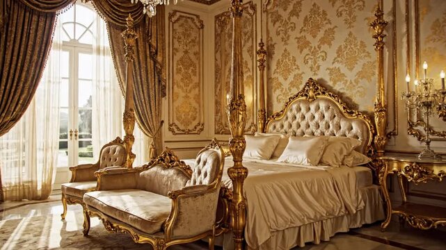 Opulent baroque style bedroom featuring a carved gold four-poster bed with tufted headboard, matching gold settee, crystal chandelier, damask wallpaper, and large arched French doors with curtains.