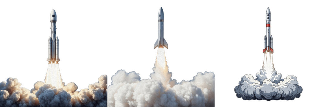 Space Rocket Launch Isolated on Transparent PNG Background, Powerful Rocket Liftoff Collection, Dynamic Space Exploration Graphic Elements for Science Design, Cinematic Missile Blast-off Assets for Ae
