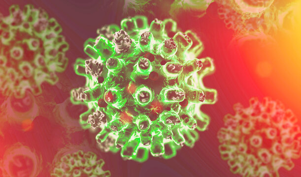 Primer plano 3D de part&iacute;culas de hantavirus con brillo verde sobre fondo rojo. Imagen microsc&oacute;pica del hantavirus con brillo verde para noticias sobre brotes virol&oacute;gicos, informes de investigaci&oacute;n
