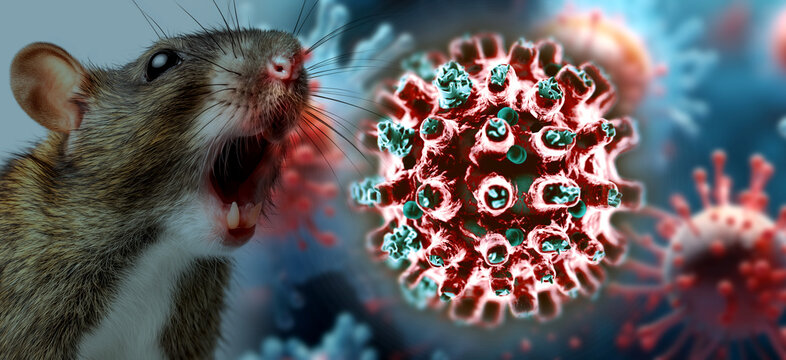 Rata agresiva con la boca abierta rodeada de part&iacute;culas rojas del virus Hantavirus. Ilustraci&oacute;n 3D impactante sobre la transmisi&oacute;n del Hantavirus en roedores. Imagen impactante para alertas de brotes 
