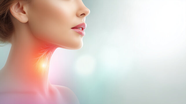 Close up of woman neck with highlighted throat area, sore throat, thyroid inflammation and healthcare concept with copy space.