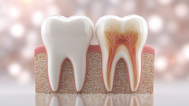 Detailed dental anatomy illustration comparing healthy tooth and decayed tooth structure with nerves and roots, oral healthcare concept.