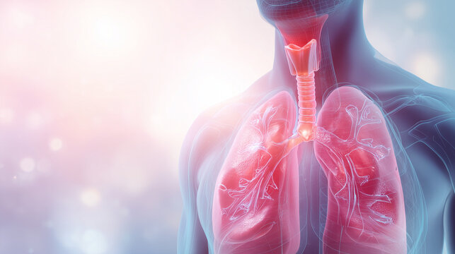 Detailed 3D medical illustration of human respiratory system with transparent lungs and trachea highlighted in pink tones on soft gradient background, healthcare and anatomy concept.
