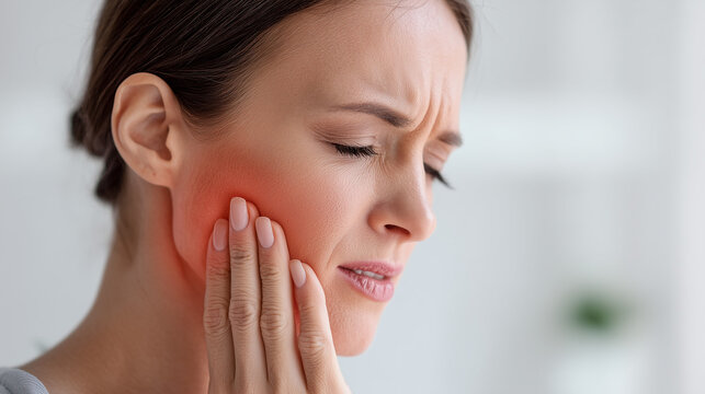 Close up portrait of woman holding painful jaw with highlighted red inflammation area, dental pain and temporomandibular disorder healthcare concept.