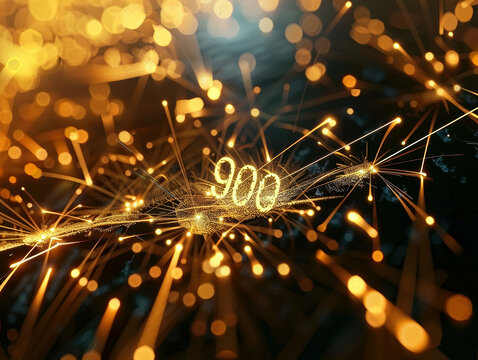 Close-up of 900 text amidst a festive scene of sparklers, light and shadow atmosphere, high-tech aesthetic, firework sticks Radiant golden sparks create reflections on water droplets o - AI-Generated