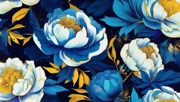an edgy high contrast seamless pattern blending large blue and white peonies with neon yellow leaves and urban grit textures perfect for modern streetwear skate culture branding